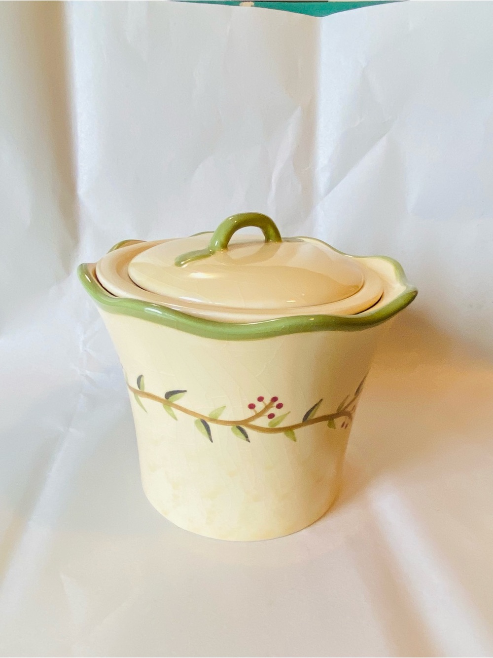 Cream and Green Ceramic Lidded Serving Jar Butter Crock